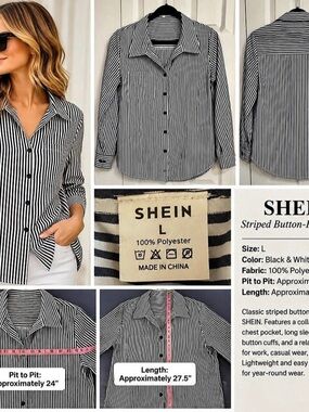 SHEIN Striped Print Button Front Shirt Black & White Size Large